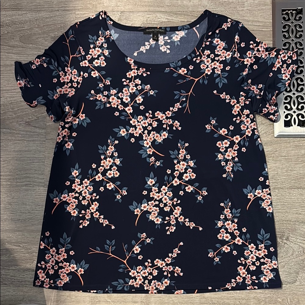 Banana Republic Blue Ruffled Blouse with Floral Design
